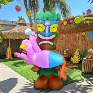 5FT Tiki Luau Holding Flamingo Inflatables Built-in LED Lights Decorations